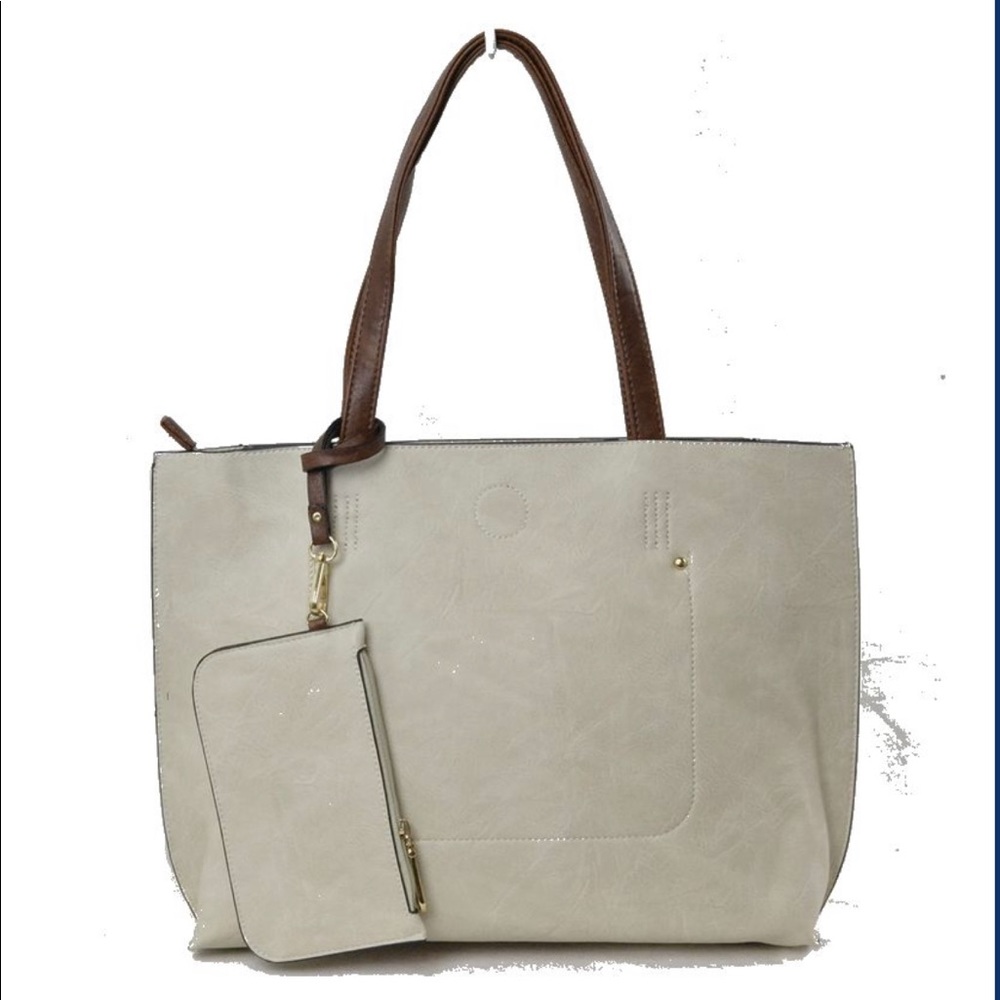 Beige / Brown Tote Bag With Matching Wristlet